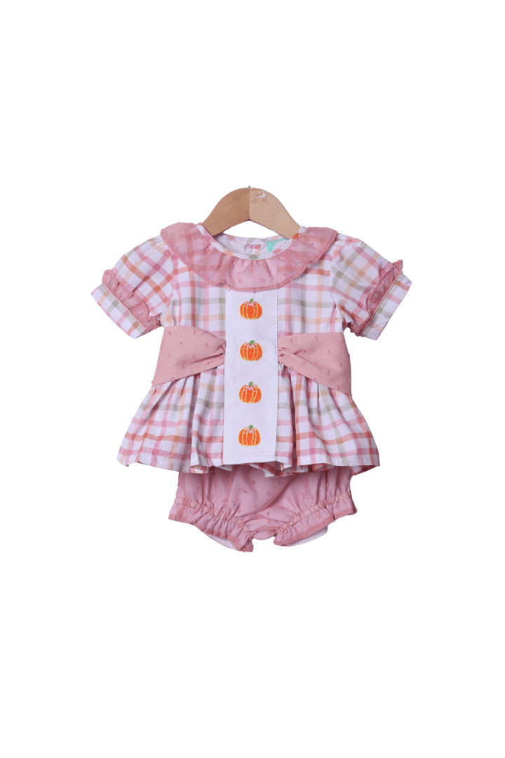 Hand Embroidered Plaid Pumpkin Bow Bloomer Set | The Smocked Flamingo
