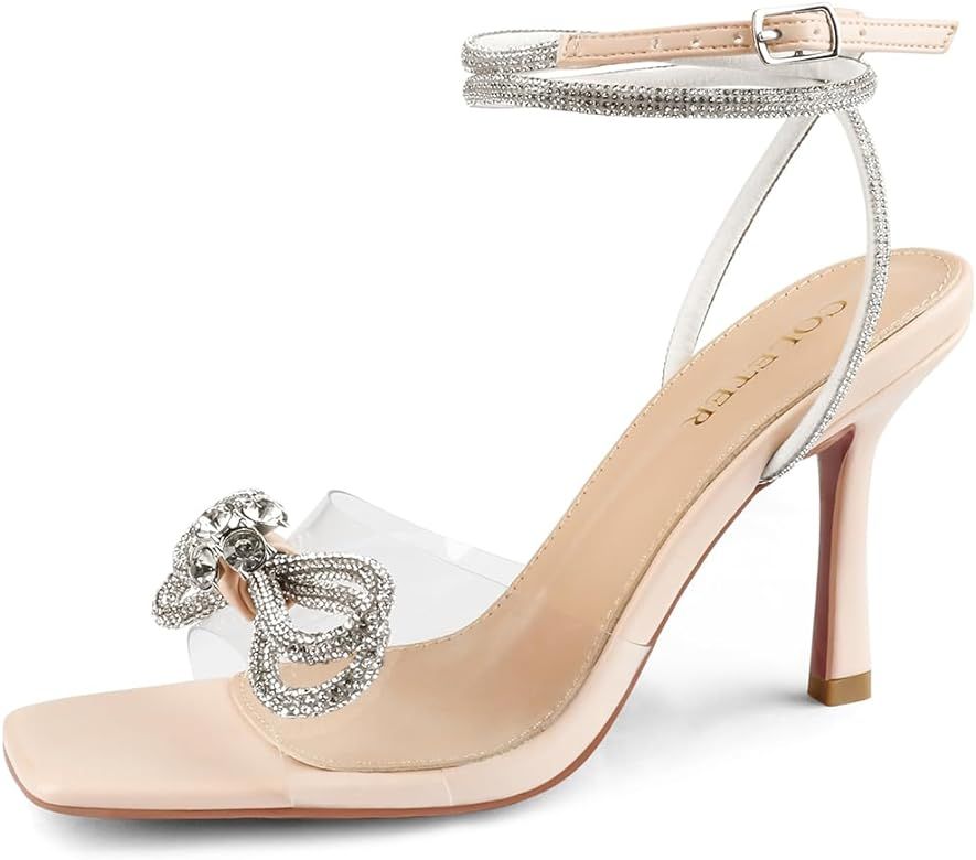 COLETER Womens Clear Rhinestones Bow Heels Sandals Slingback Lace Up Stilettos Square Toe Wedding... | Amazon (US)