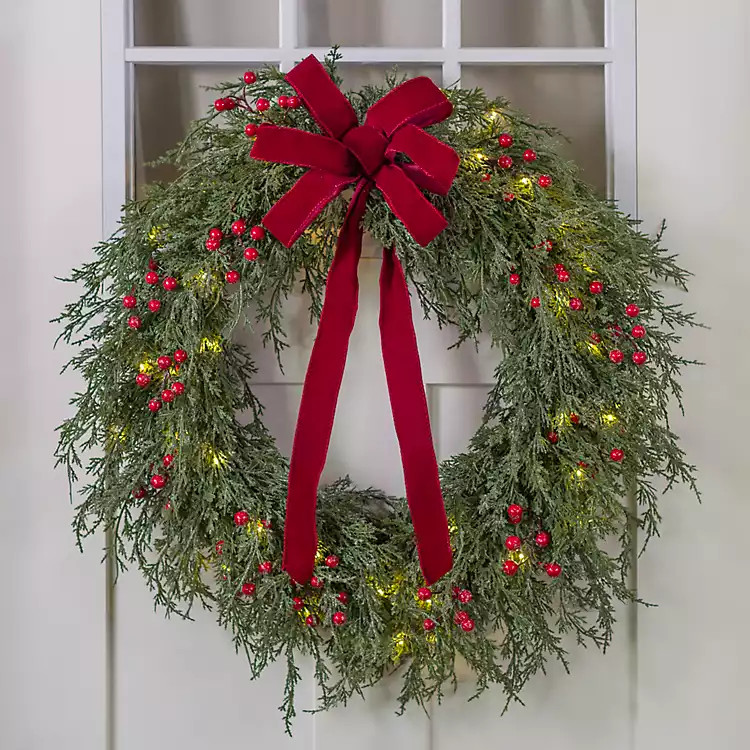 Pre-Lit Juniper Red Berry Wreath with Bow | Kirklands