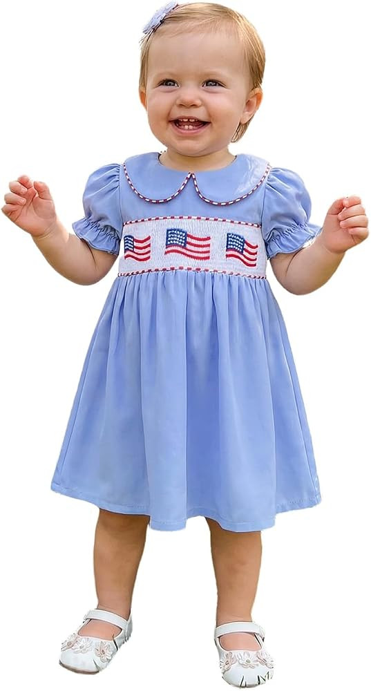 Yccutest Toddler Girls 4th of July Dress Embroidery USA Flag Smocked Dresses Memorial Day Outfit ... | Amazon (US)