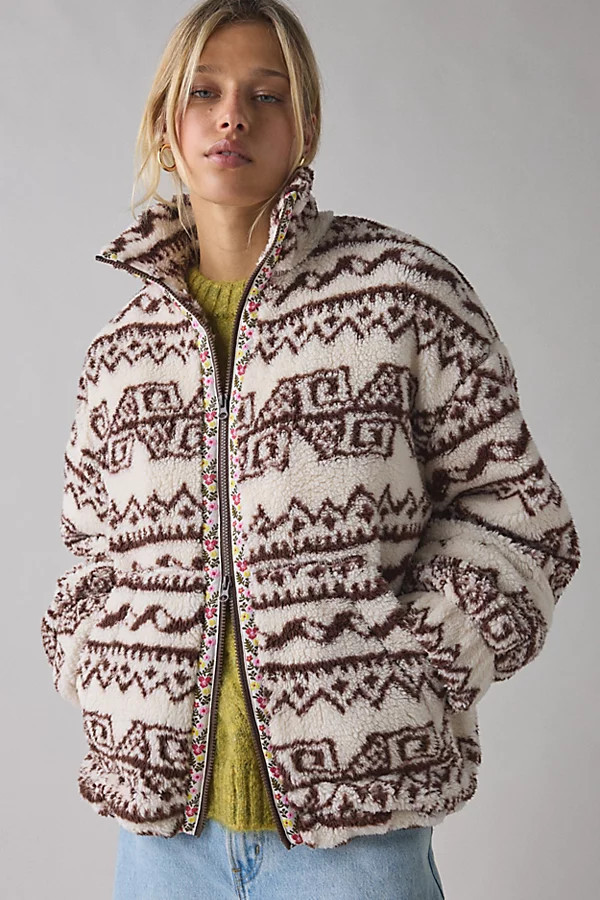BDG Mae Printed Piled Fleece Zip-Up Jacket in Nordic Geo, Women's at Urban Outfitters | Urban Outfitters (US and RoW)