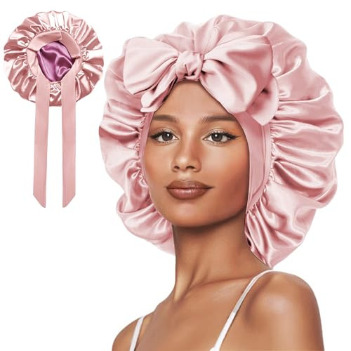Vettres Silk Bonnet for Sleeping Straight Hair Double Layer Satin Bonnets with Tie Satin Hair Bonnet for Sleeping Pink Rose | Amazon (US)