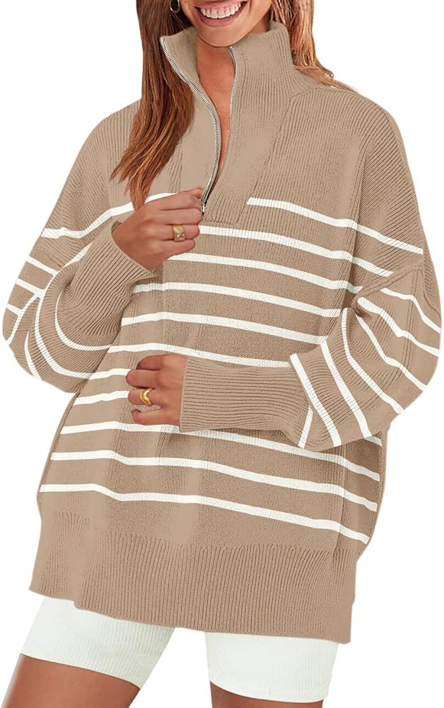 ZESICA Women's Striped Sweaters Half Zipper Long Sleeve Ribbed Knit Loose Oversized Pullover Swea... | Amazon (US)