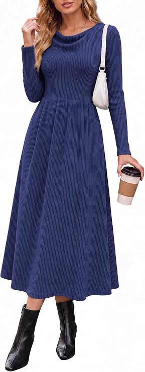 PRETTYGARDEN Women Casual Cowl Neck Long Sleeve Midi Dress | Amazon (US)