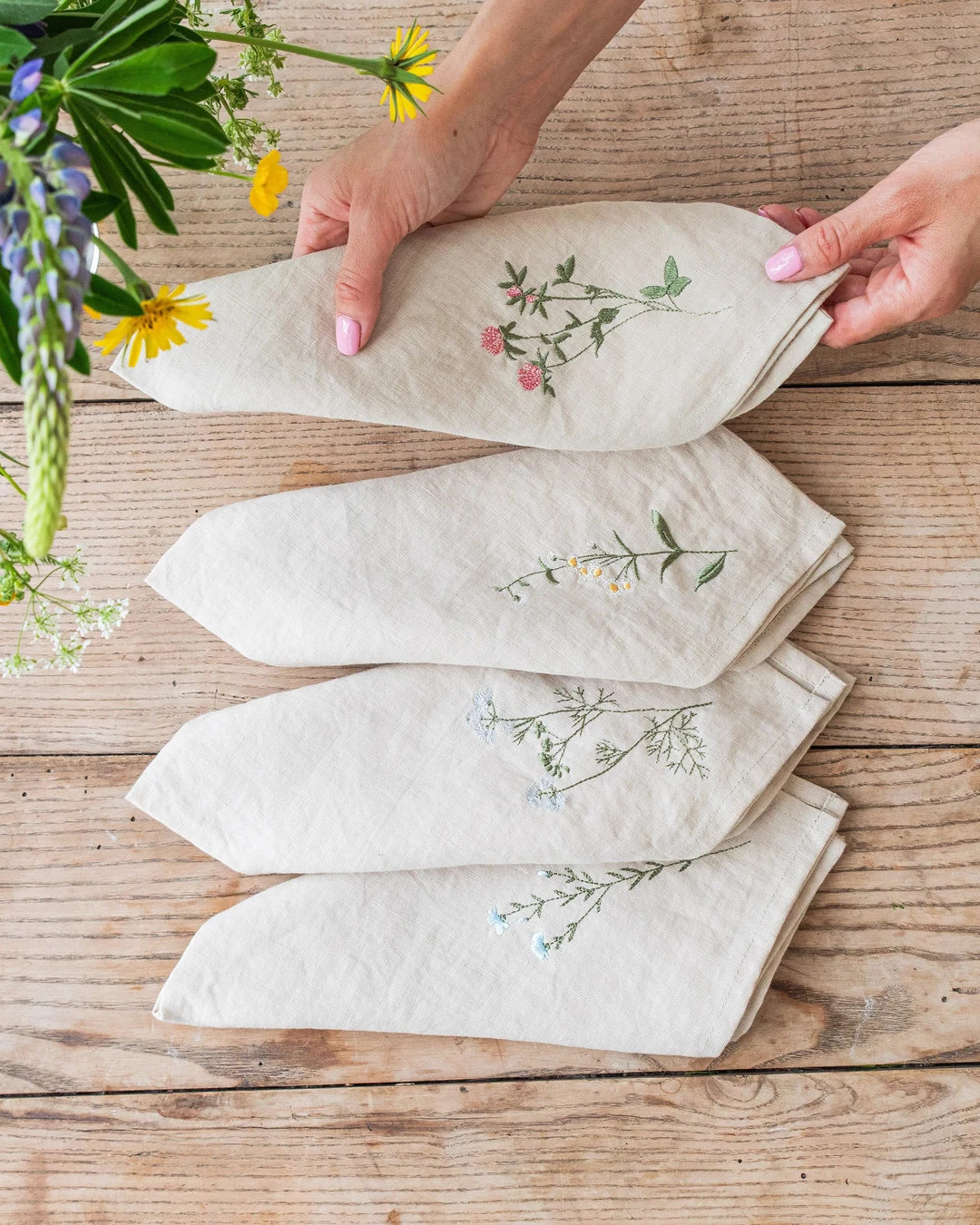Wildflower Embroidered Linen Napkin Set of 4 – Natural Stonewashed Cloth Napkins – Rustic Far... | Etsy (US)
