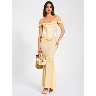 Miss Circle Ersilia Pale Yellow Satin Lace Peplum Corset Off Shoulder Maxi Dress L | Target