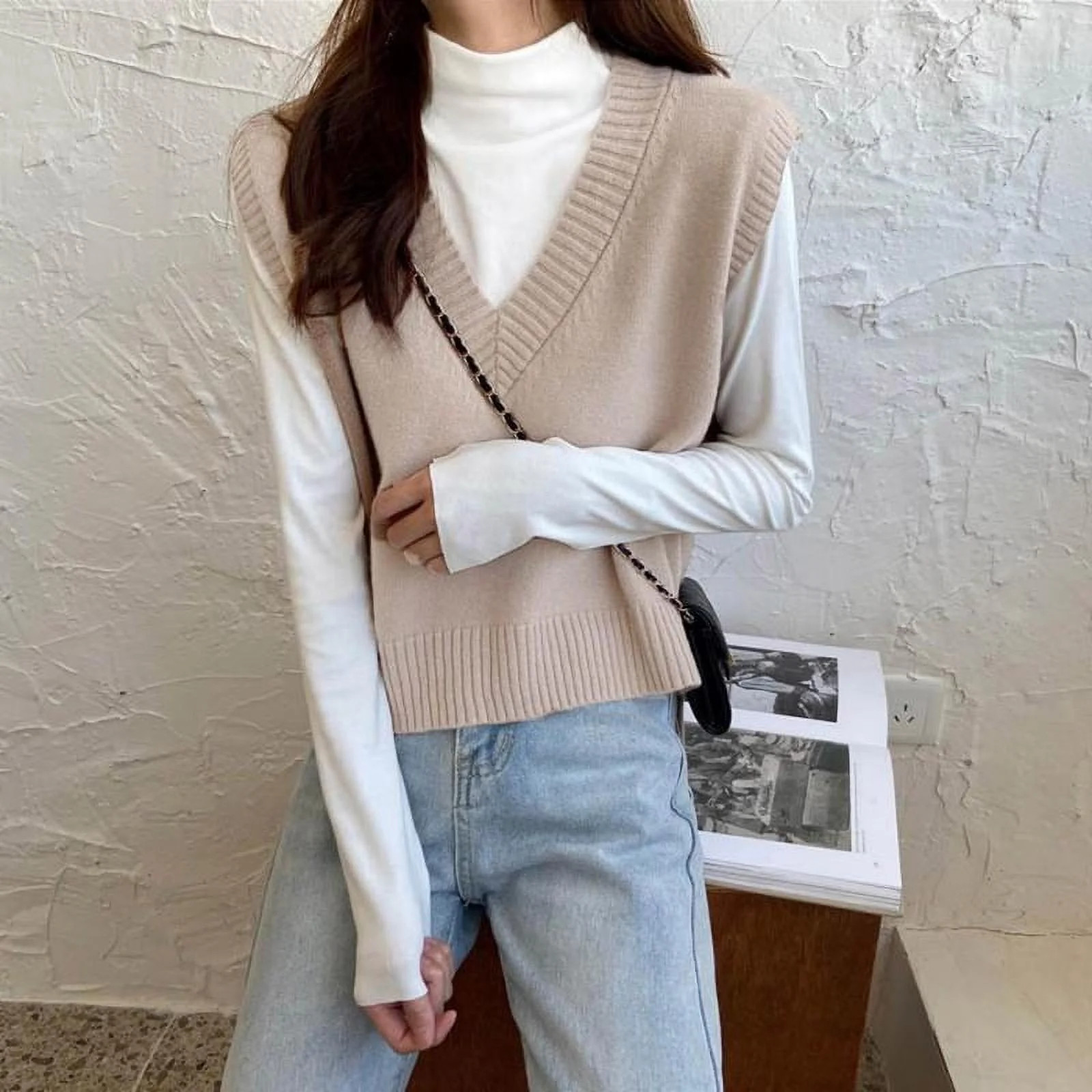 Women's V-Neck Knit Sweater Vest Solid Color Preppy Style Sleeveless Loose Pullover Crop Knit Ves... | Walmart (US)