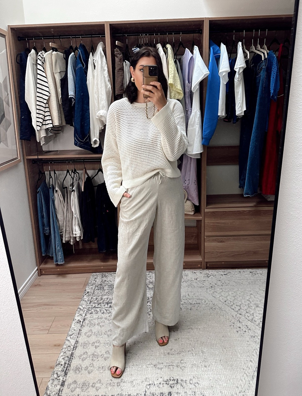 I also loved this sweater! This one is a keeper for me. It’s a looser fit – this is the large and it’s a generous, relaxed fit. It is a touch sheer, but I’m fine with a nude bra. I also think this would be nice as a swim cover up too! 

I really like these pants and LOVE that they are long enough. This is the regular length, too. I’m in the large and they fit generously, I’d say they’re true to size with a relaxed fit. It’s a nice, tailored look and they’re a blend so they won’t wrinkle as much as 100% linen. 

 