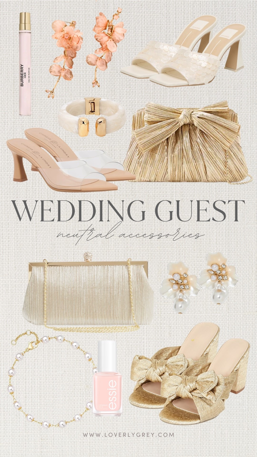 These wedding guest accessories are so chic and perfect for spring and summer weddings! The sparkly accents for accessories are so in right now! The perfect mix of neutral and fun for the perfect finish of your look. 

Loverly grey, wedding guest accessories, gold heels clutch, neutral accessories, formal wear accessories, earrings pearl, heels neutral

#LTKSeasonal #LTKWedding