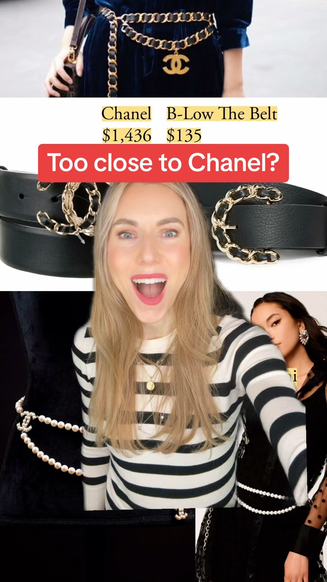 Are these belts too close to Chanel? How close is too close?

Is it even fair to say that something like a pearl belt is necessarily Chanel? At what point does a chain become generic? When does a motif become part of a house’s vocabulary?

If we’ve been taught to recognize something for decades, does it become ours to re-invent?

I look for an intent that departs from the original. Does this item say something that Chanel does not? 

Or is it just giving the look for less? 

If so, the quality better match the OG or look deliberately on a different level. Tuxedo T-shirts have a sense of deliberate humor that some dupes just don’t.

#LTKVideo #LTKstyletip #LTKfindsunder50