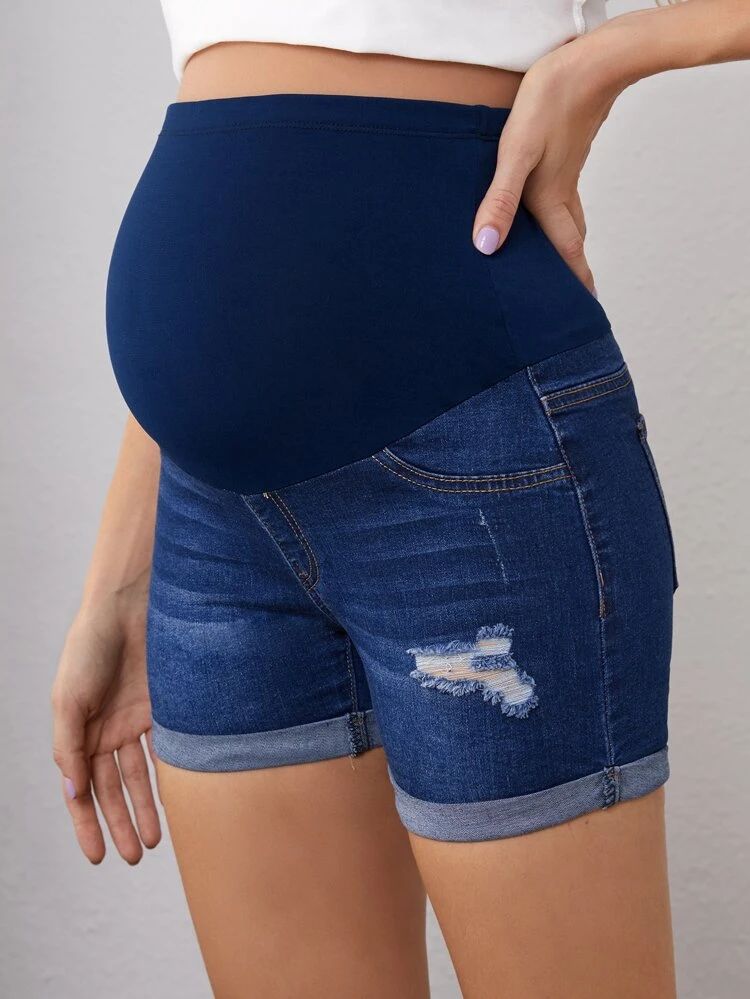 Maternity Ripped Roll Hem Denim Shorts | SHEIN