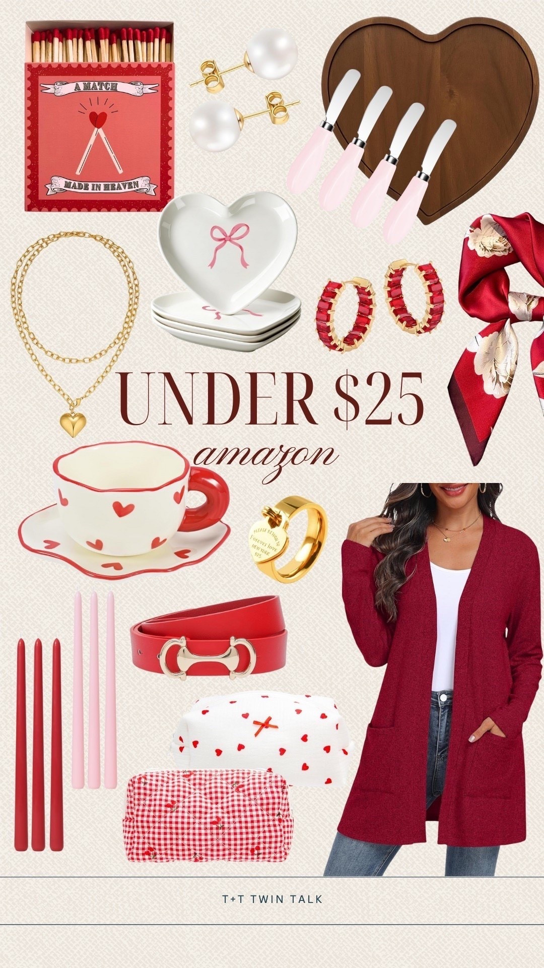 Items that are under $25 from Amazon! We are loving the red cardigan to add a pop of color to your wardrobe. For accessories the patterned scarf, gold heart statement necklace, and red jewel earrings are great! 

#LTKSeasonal #LTKValentine #LTKOver40