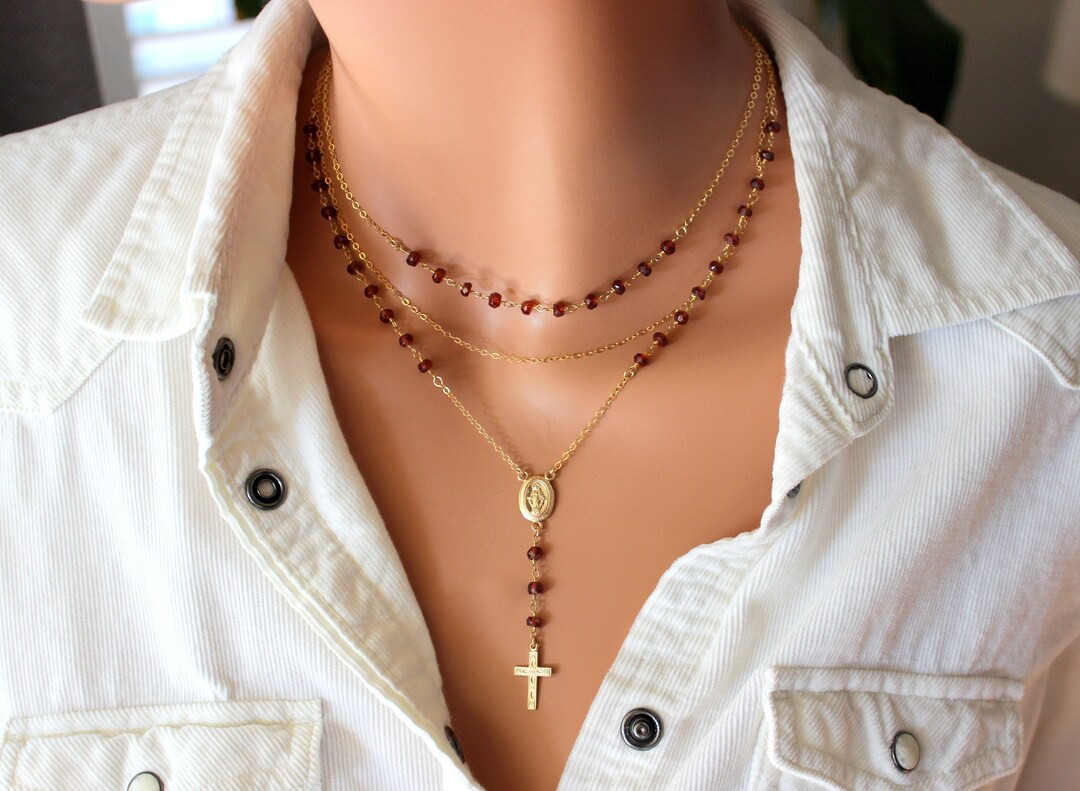 Garnet Rosary Necklace Women Gold Filled Sterling Silver Multi Strand Cross Necklaces Miraculous ... | Etsy (US)