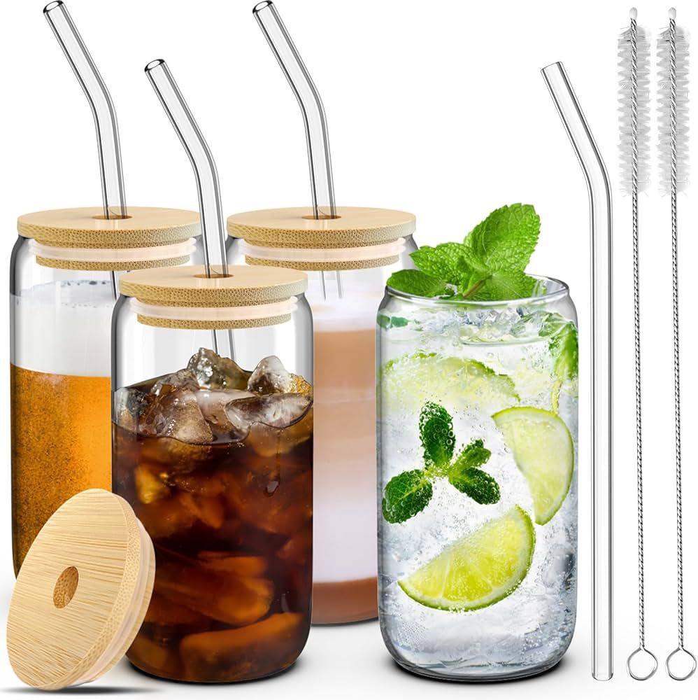 4 Set Glass Cups with Lids and Straws 16 oz, Glasses Drinking Set, Iced Coffee Cup with Bamboo Li... | Amazon (US)