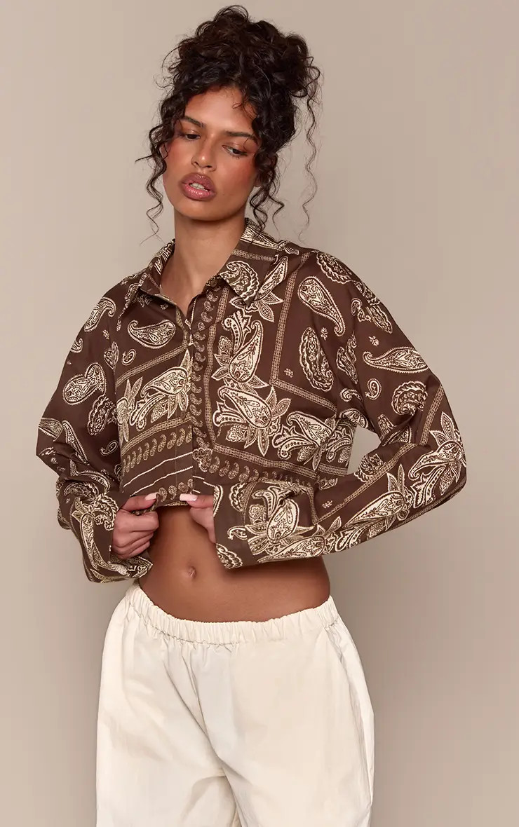 Brown Multi Print Cropped Shirt | PrettyLittleThing UK
