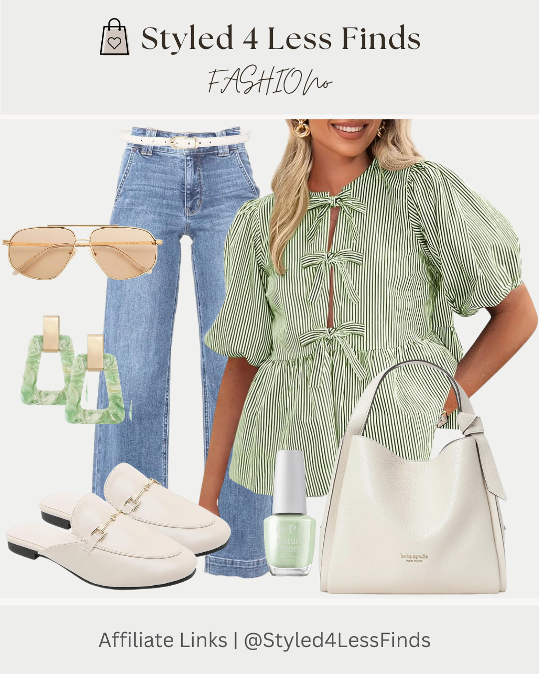 A little green love for March 🍀

Soft stripes, sweet bow details and the prettiest pop of green… I’m officially in spring mode. This top is so flattering with the peplum shape and pairs perfectly with relaxed denim for an easy, pulled-together look.

Style tip: When wearing a statement top, keep your accessories light and cohesive. I tied in soft neutrals with these cream mules and bag, then added subtle green accents (earrings + nails) to make the whole look feel intentional without overpowering it. 

 #LTKcanada #LTKjeans #LTKover50style