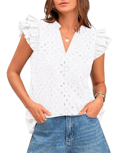 BTFBM Spring Summer Tops for Women 2026 Dressy Casual V Neck Ruffle Cap Sleeve Embroidered Eyelet... | Amazon (US)