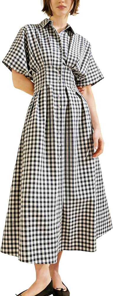 Yeokou Women Plaid Shirt Dress Short Sleeve Button Down Pleated Gingham A Line Maxi Dresses Casua... | Amazon (US)