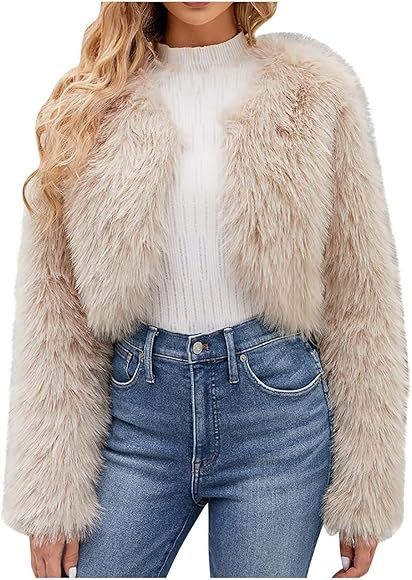 Sczwkhg Furry Jackets for Women Fashion Cropped Faux Fur Jacket Long Sleeve Open Front Cardigan C... | Amazon (US)