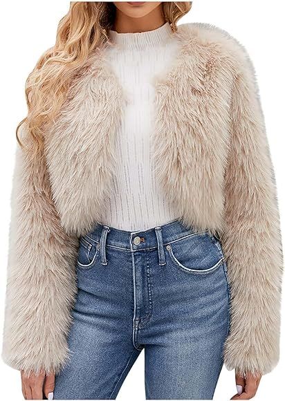 Sczwkhg Furry Jackets for Women Fashion Cropped Faux Fur Jacket Long Sleeve Open Front Cardigan C... | Amazon (US)