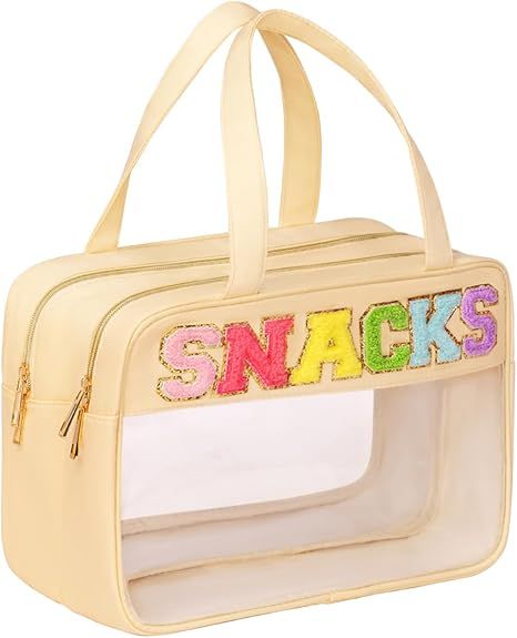 JKAOO Chenille Letter Patch Clear Snacks Bag, Preppy Double PVC&Nylon Snacks Bag with Handle and ... | Amazon (US)