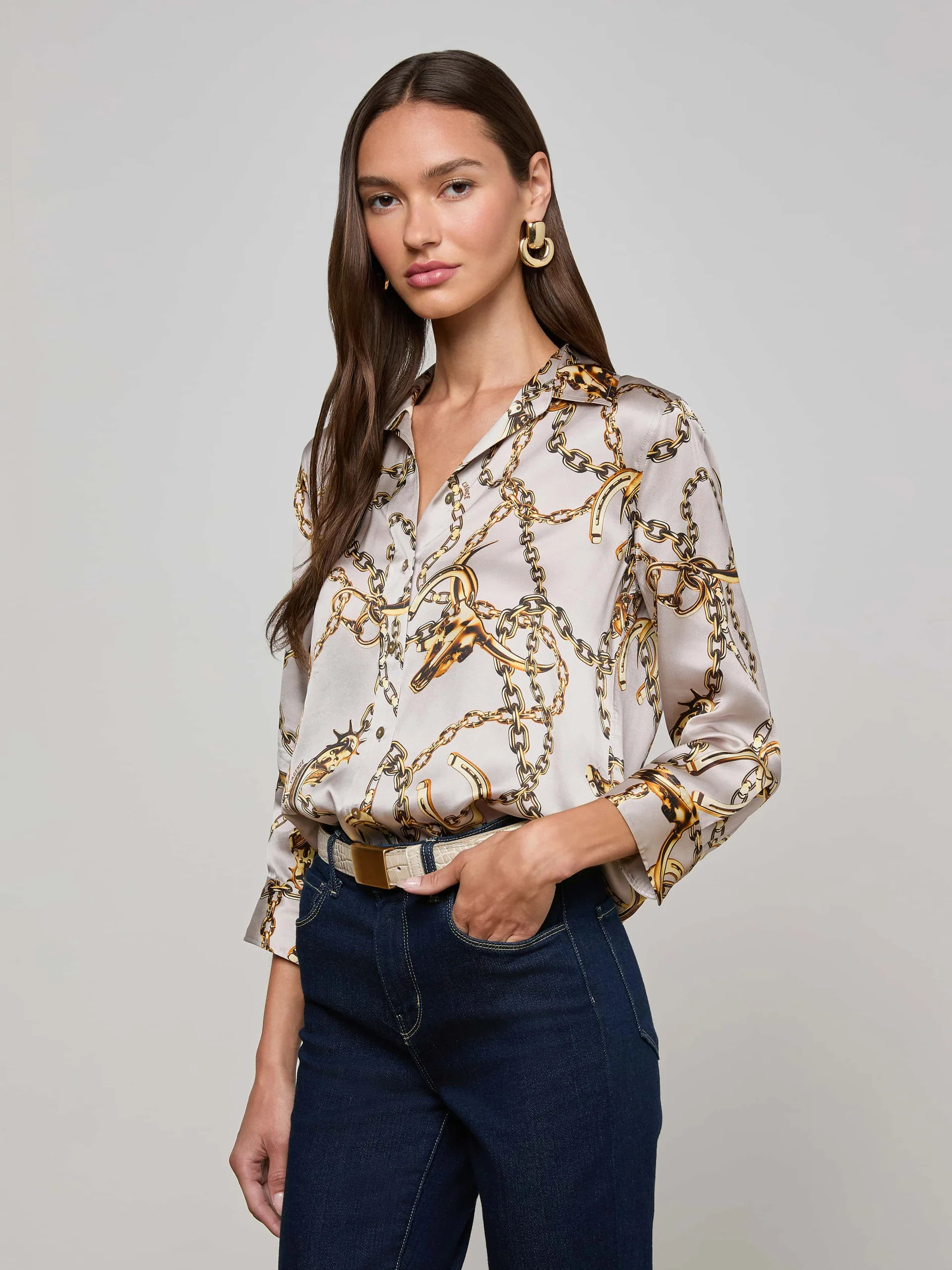 Dani Silk Blouse in Smoke Grey/Gold Long Horn Chain | L'AGENCE | L'Agence