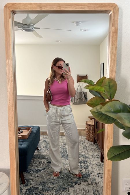 3/25/24 Linen pants outfit of the day 🫶🏼 Linen pants outfit, linen pants, white linen pants, basic tank top, everyday basics, pink tank top, summer sandals, summer shoes, spring sandals, spring shoes, casual spring outfits, casual spring style 2024 