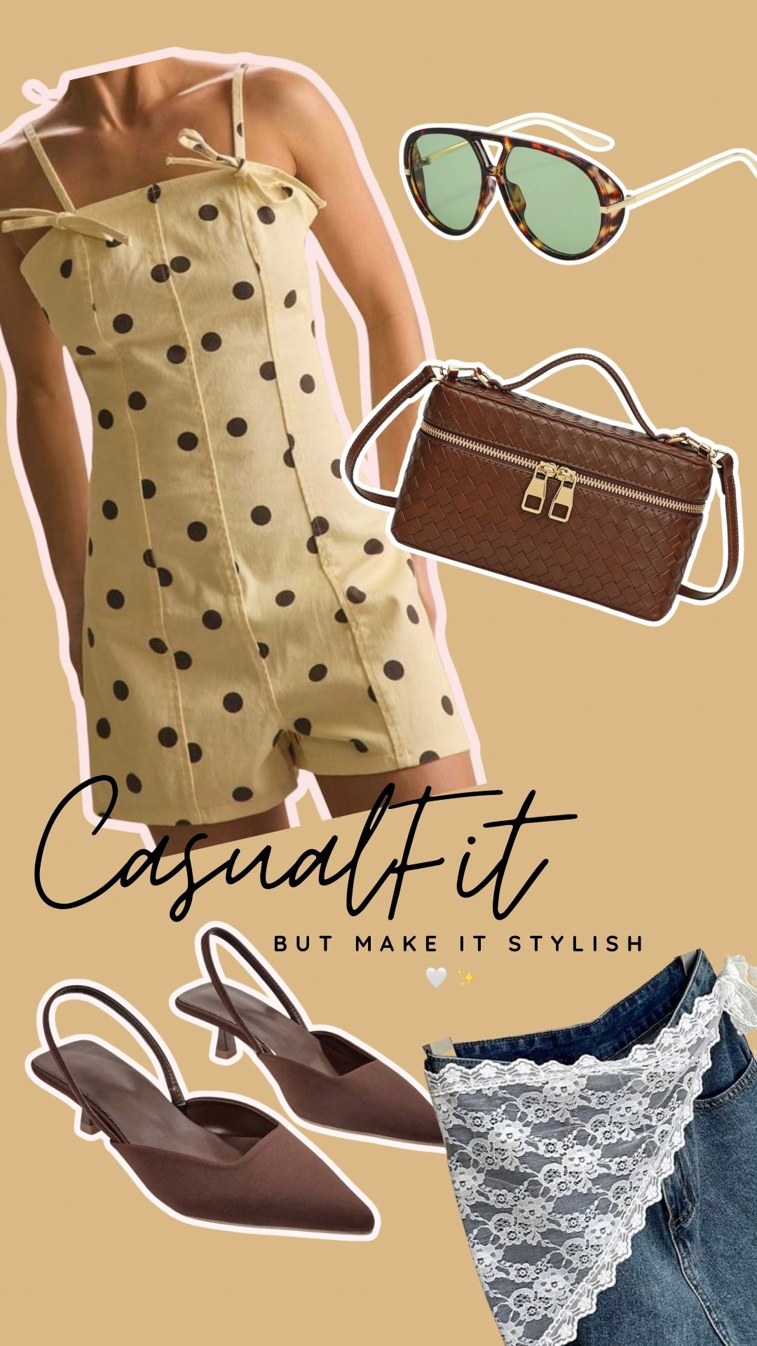 Casual outfit… but make it chic 🤍✨

Polka dots, lace details, kitten heels & the perfect brown accessories 😮‍💨  
Such an effortless feminine look that feels classy without trying too hard

#LTKgrwm #LTKootd #LTKmomlife