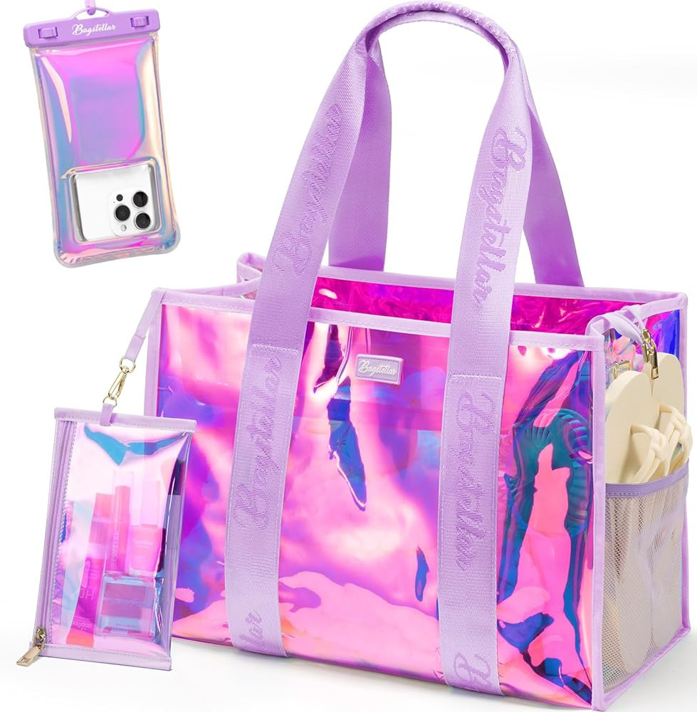 Iridescent Beach Tote Bags for Women, Large Zipper Beach Pool Swim Bag with Makeup Bag & Waterpro... | Amazon (US)