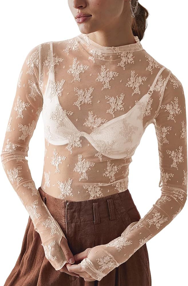 Yimoon Women's Mesh Lace Long Sleeve Layering Top Mock Neck Floral Sheer Shirt Sexy See Through B... | Amazon (US)