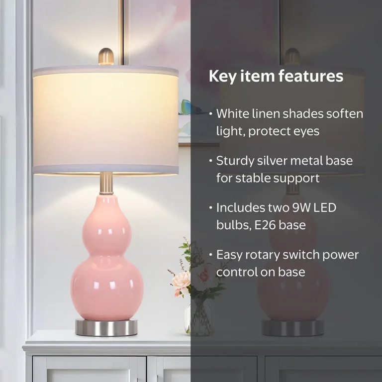 Cinkeda Pink Ceramic Table Lamp Set of 2 for Bedroom Living Room 22" Modern Double Gourd Nightsta... | Walmart (US)
