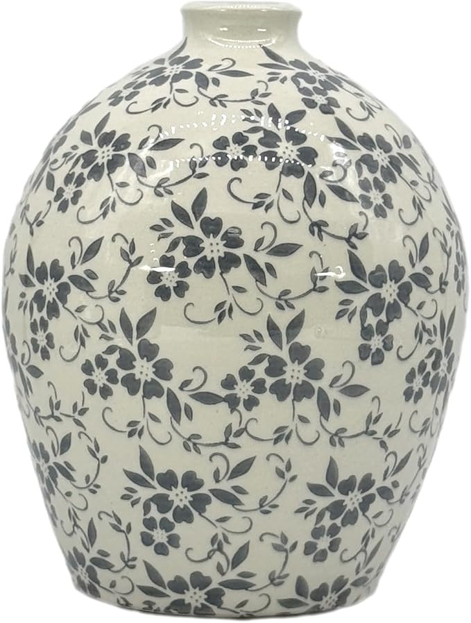 Blue-Grey & White Floral Ceramic Decorative Vase 12.8" - Rustic Terracotta Farmhouse Cottagecore ... | Amazon (US)