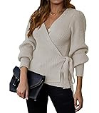 KIRUNDO 2023 Women's Fall Winter Wrap V Neck Sweater Balloon Sleeves Ribbed Knitted Pullover Tie ... | Amazon (US)