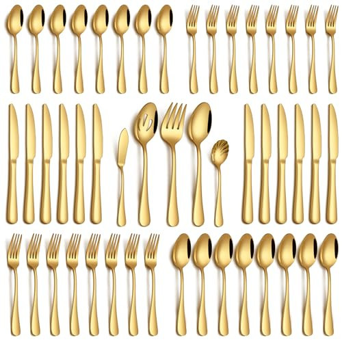PHILIPALA 45 Piece Gold Silverware Set with Serving Utensils, Stainless Steel Flatware Set for 8 Food Grade Cutlery Utensil Set Include Knife Fork Spoon Mirror Polished Dishwasher Safe | Amazon (US)