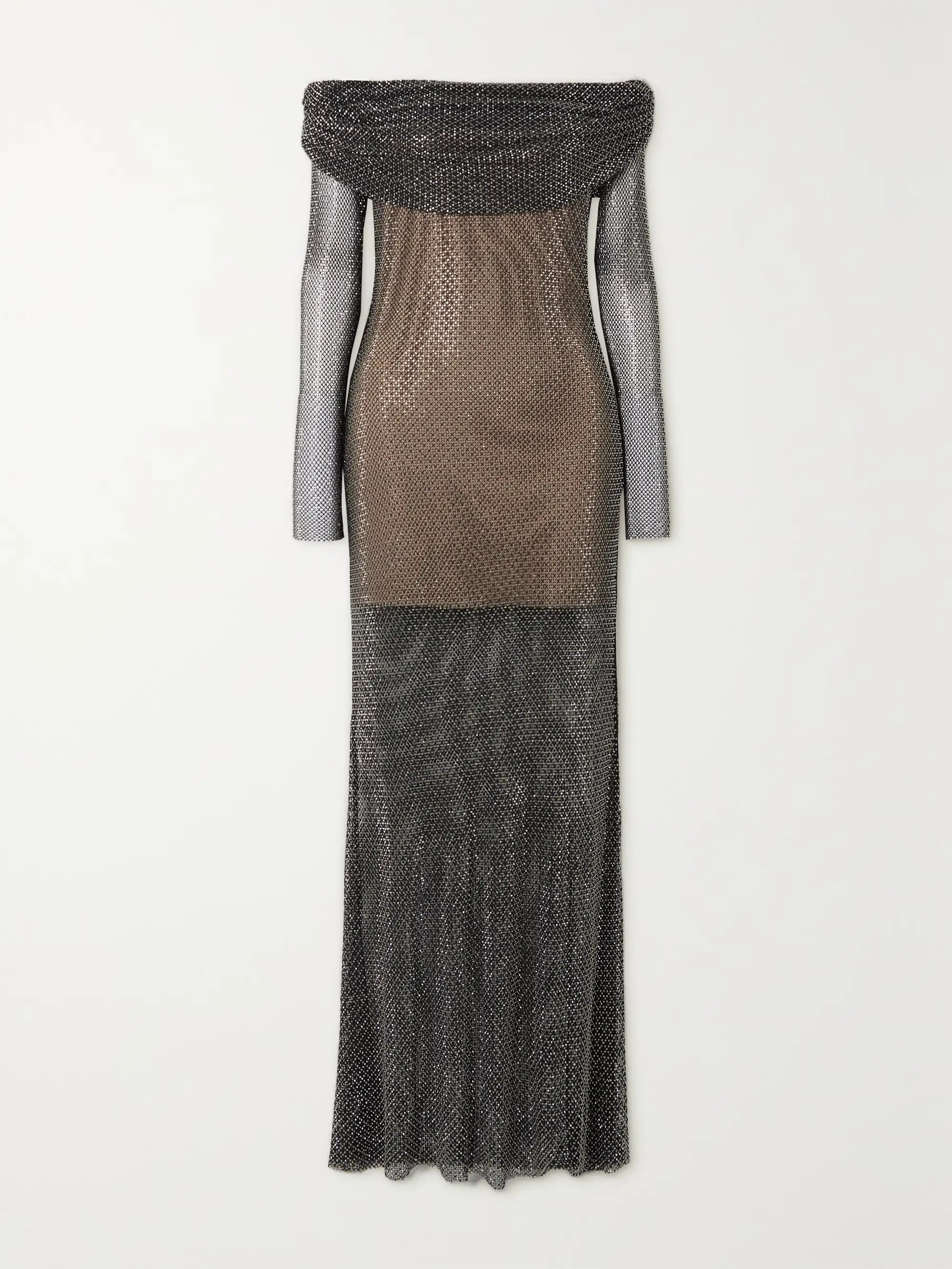 Draped off-the-shoulder crystal-embellished fishnet maxi dress | NET-A-PORTER (US)