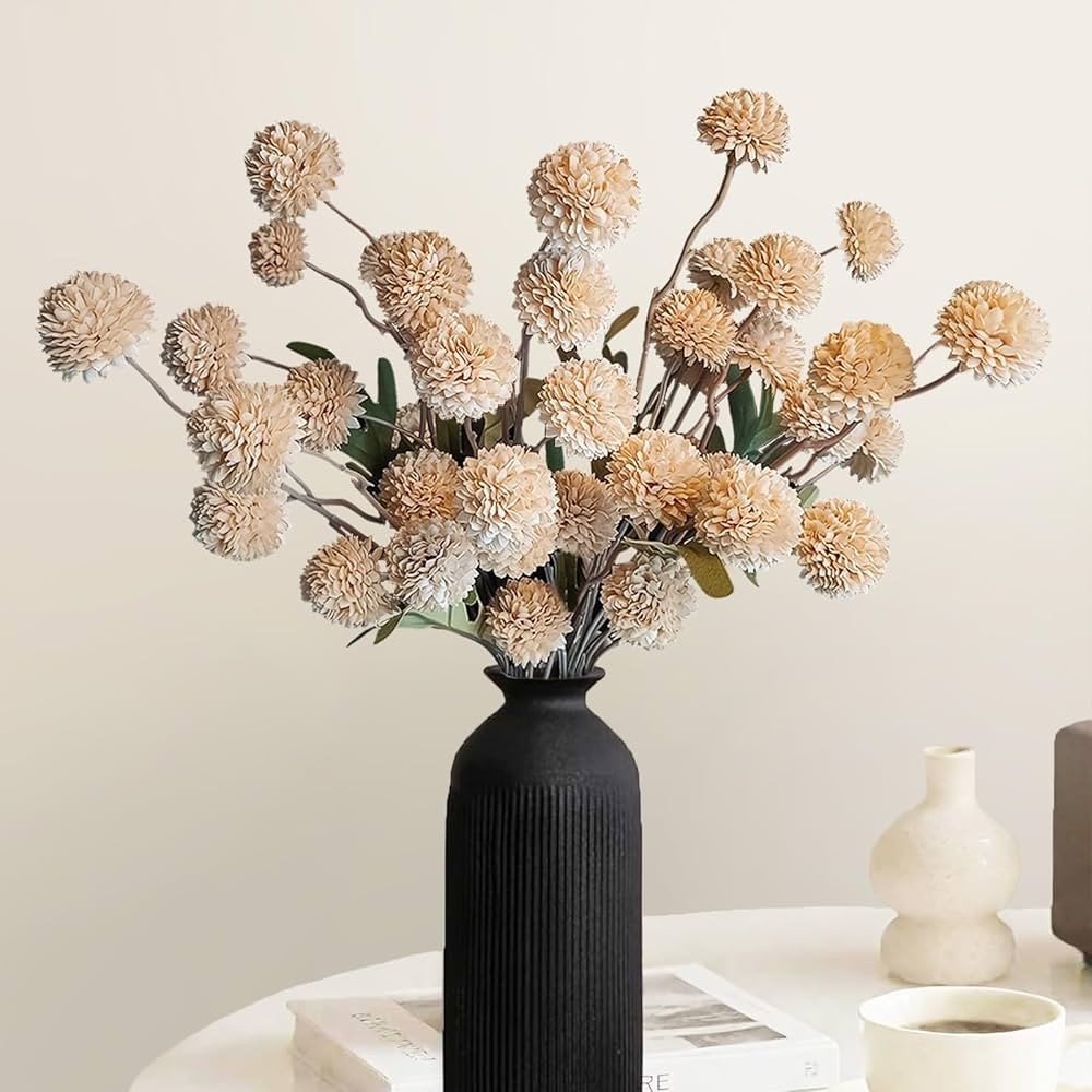 10 Pcs Fake Flowers, Artificial Mums With Long Stems, Beige Faux Pompon Mums Floral Arrangement, ... | Amazon (US)