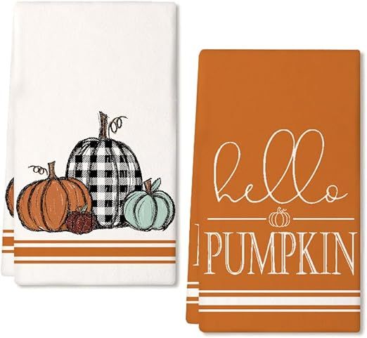 GEEORY Fall Kitchen Dish Towels Set of 2 for Fall Decor,Hello Pumpkin Black Plaid Orange Printed ... | Amazon (US)