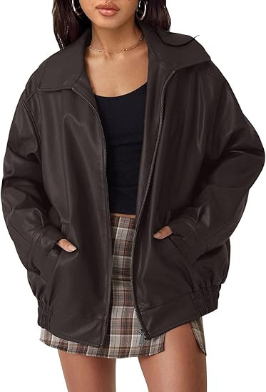 hathne Women's Oversized Leather Jackets Faux Zip Up Fall Fashion Motorcycle Jackets Coats Winter... | Amazon (US)