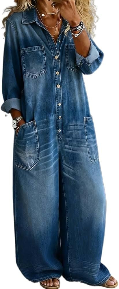 Denim Jumpsuit for Women Spring Summer Button Down Long Sleeve Collared Wide Leg Loose Jean Rompe... | Amazon (US)