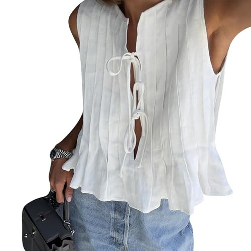 Women Line Bow Tie Front Tank Top Coquette Babydoll Peplum Blouse Y2k Ruffle Shirt Sleeveless Cute Aesthetic Clothes (Creamy White, M) | Amazon (US)