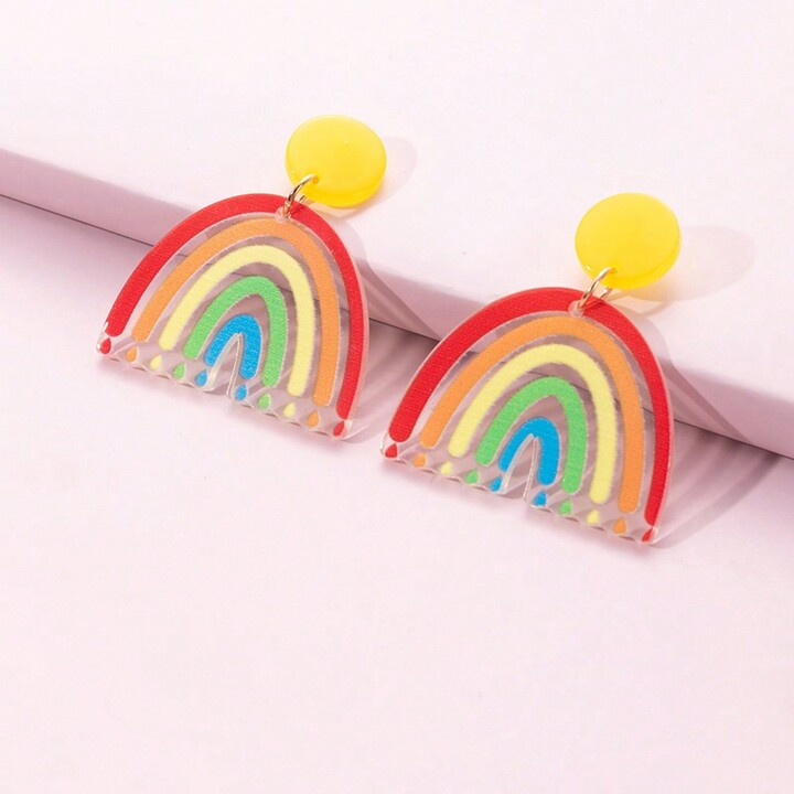 2pcs Creative Printed Acrylic Rainbow Stripes Dangle Earrings For Women, Suitable For Daily Decor... | SHEIN