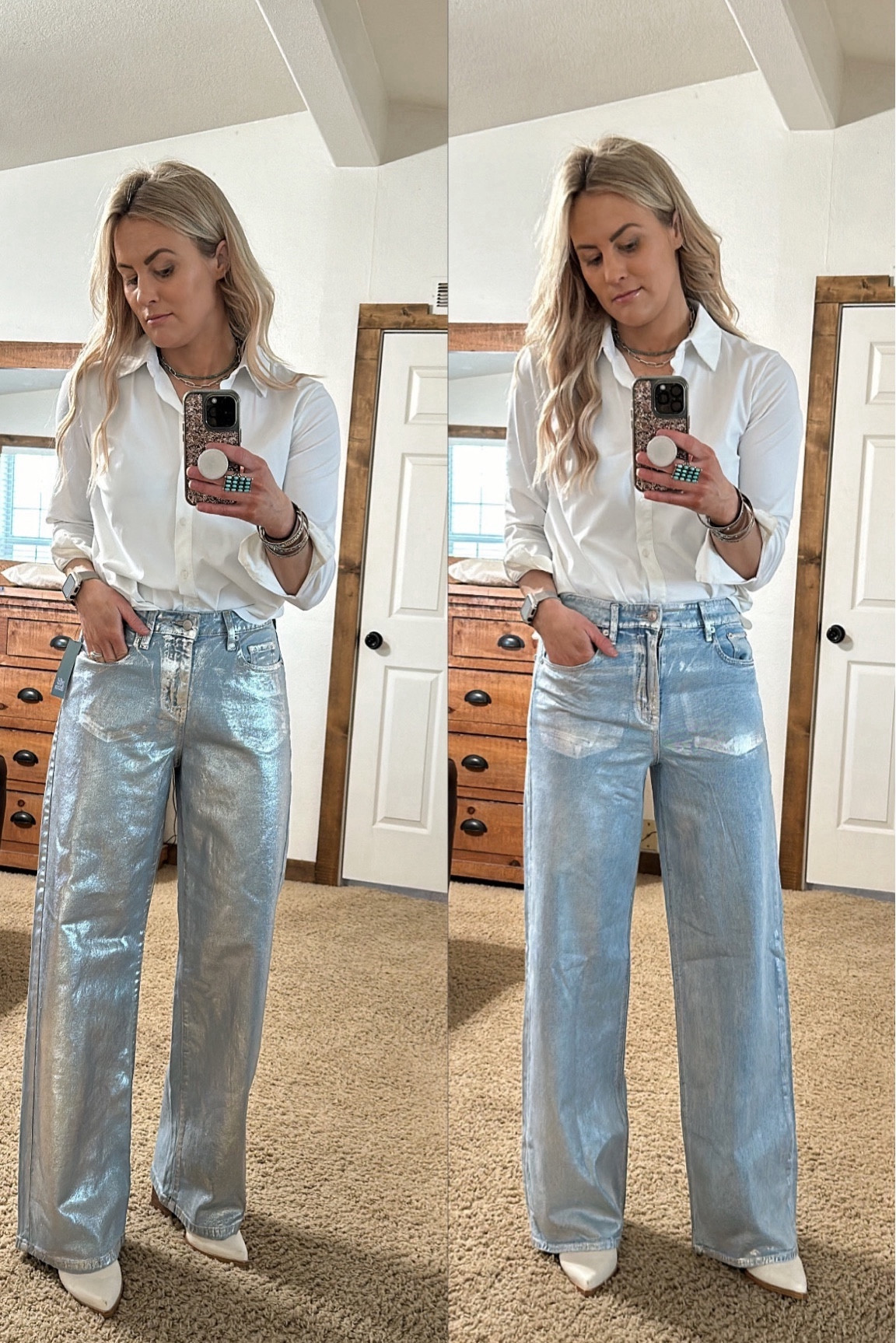 Metallic jeans are my jam! And I have two awesome pair to choose from! 


Pair #1:
Target (jeans on the left)
These are perfect for all you girls who are 5’7” or shorter, and prefer a more rigid denim. I’m a size 6, wearing my true size. I’m 5’7” and typically wear a long inseam. I’m wearing 3” heels and these do fit good, so I feel confident anyone my height will be fine with this regular inseam. These are $35

Pair #2
American Eagle (jeans on the right)
These are the comfiest jeans I’ve ever worn. They’re thin, and stretchy, so they feel very comfortable. This fit is going to work with ALL body types. I will suggest, size down one size, and also consider sizing down an inseam. I’m a size 6,  5’7” and typically wear a long inseam. I’ll share a video of me wearing the 6L (my normal size). They’re just too big. In this photo, I’m wearing the 4R. I could probably do the long inseam, but I’d have to wear these 3” shoes. These are on sale for $62!