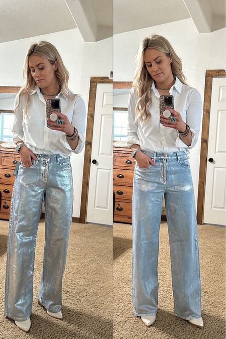Metallic jeans are my jam! And I have two awesome pair to choose from! 


Pair #1:
Target (jeans on the left)
These are perfect for all you girls who are 5’7” or shorter, and prefer a more rigid denim. I’m a size 6, wearing my true size. I’m 5’7” and typically wear a long inseam. I’m wearing 3” heels and these do fit good, so I feel confident anyone my height will be fine with this regular inseam. These are $35

Pair #2
American Eagle (jeans on the right)
These are the comfiest jeans I’ve ever worn. They’re thin, and stretchy, so they feel very comfortable. This fit is going to work with ALL body types. I will suggest, size down one size, and also consider sizing down an inseam. I’m a size 6,  5’7” and typically wear a long inseam. I’ll share a video of me wearing the 6L (my normal size). They’re just too big. In this photo, I’m wearing the 4R. I could probably do the long inseam, but I’d have to wear these 3” shoes. These are on sale for $62!