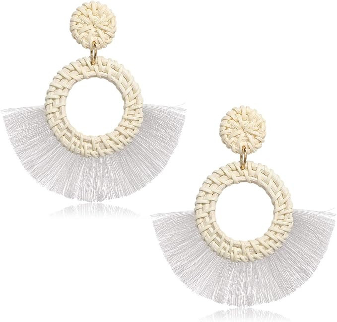 Rattan Earrings For Women Bohemia Fan Tassel Earrings Handmade Weave Straw Wicker Drop Hoop Earri... | Amazon (US)