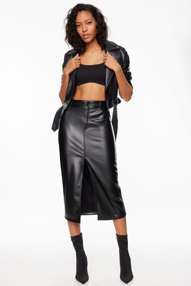 Faux Leather Midi Skirt | Dynamite Clothing
