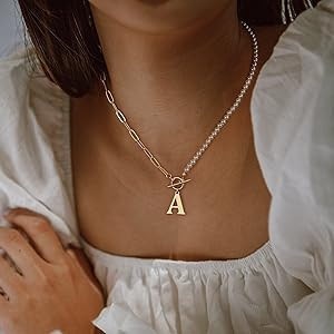Gold Initial Pearl Necklace for Women, 14K Gold Plated Paperclip Link Chain Necklace Choker Toggl... | Amazon (US)