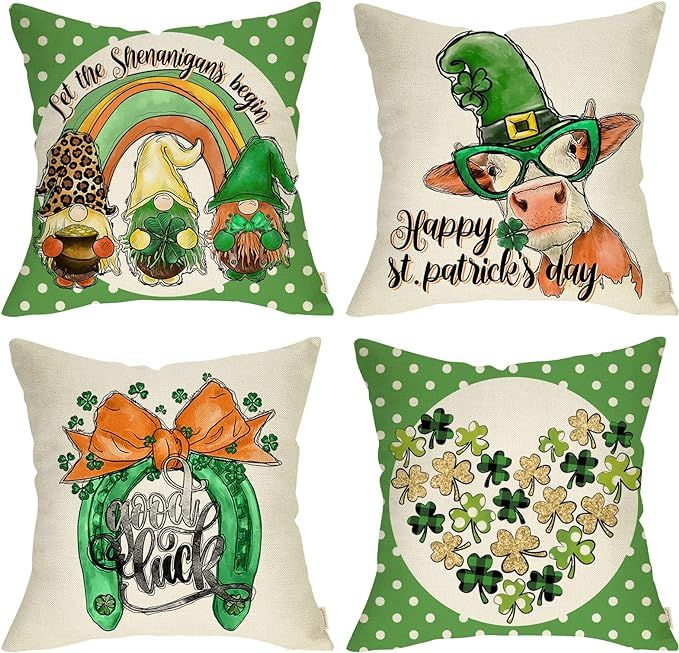 Fahrendom Happy St. Patrick's Day Gnome Decorative Pillow Cover 18x18 Set of 4, Green Polka Dot S... | Amazon (US)