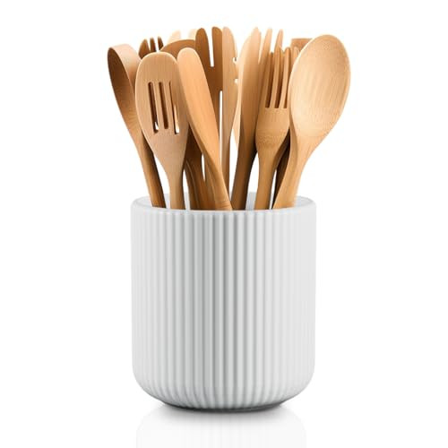 Maison Neuve Taylor Ceramic Embossed Utensil Holder in White, Fluted Design, Matte White Kitchen Organizer, Modern Ceramic Crock, Dishwasher Safe, Modern Home Decor, Utensil Caddy, Printed Gift Box | Amazon (US)
