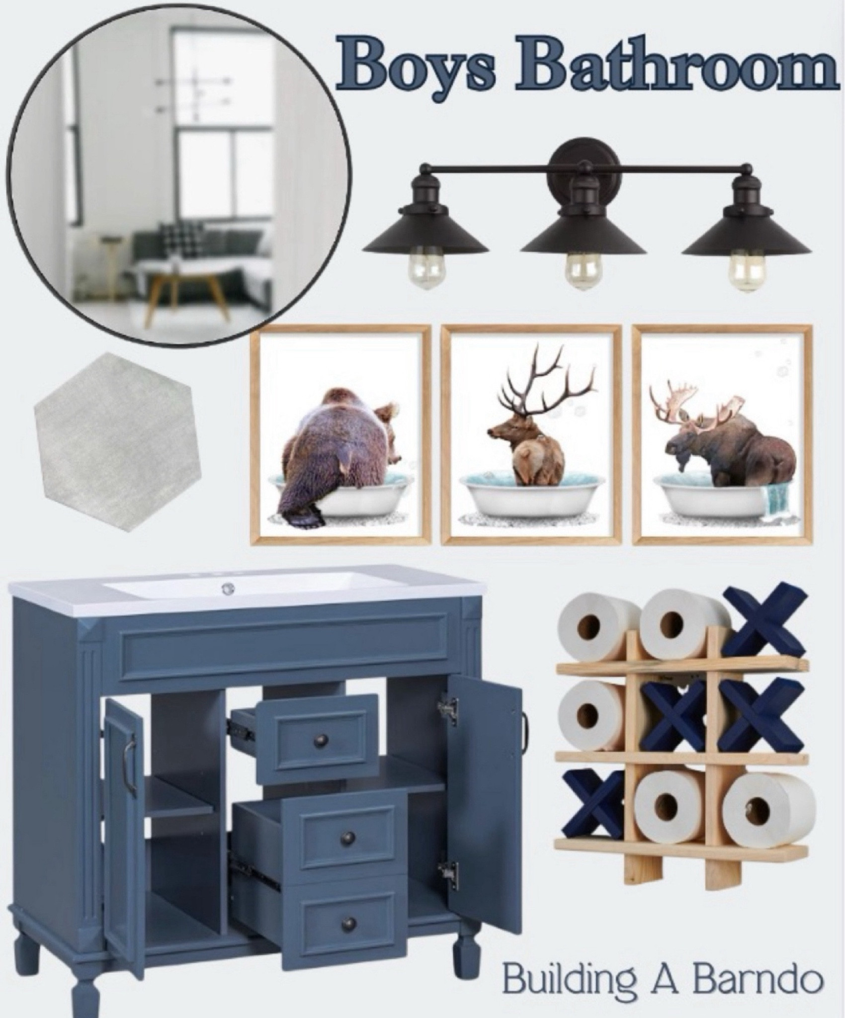 Wilderness Boys Bathroom 🫎🐻🦌 

Wilderness themed bathroom, moose, deer, bear, mountains, blue cabinet, bathroom, round mirror, farmhouse light, hexagon tile, sink, bathroom decor 



#LTKHome