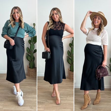 Satin midi skirt styled 3 ways! They are having a site wide sale this weekend. Everything is 20% off!! Skirt runs tts, sized up since it’s not maternity. 

Fall fashion
Midi skirt
Outfit idea

#LTKfindsunder100 #LTKstyletip #LTKSale